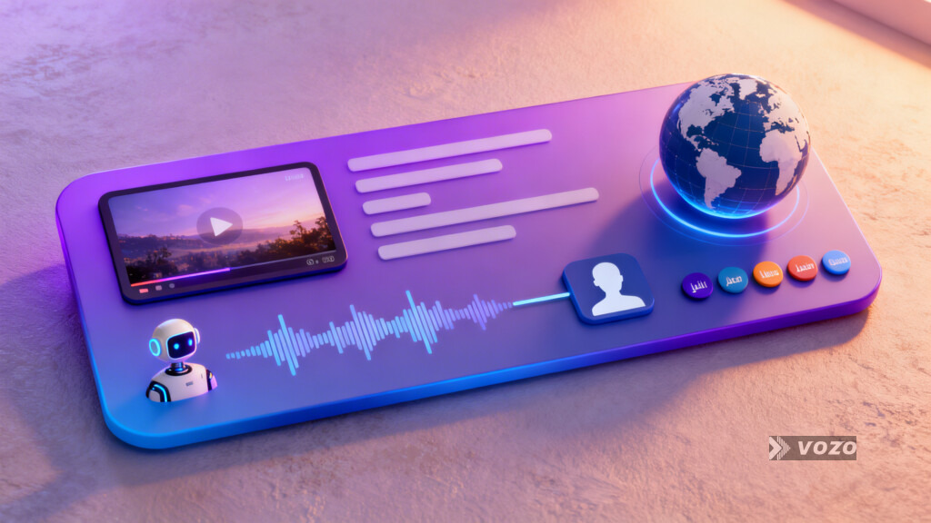AI localization interface with subtitles, voice track, and globe