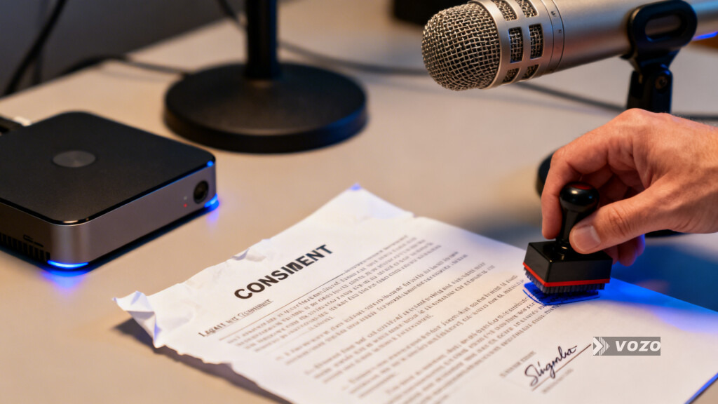Consent paperwork beside microphone and production storage drive