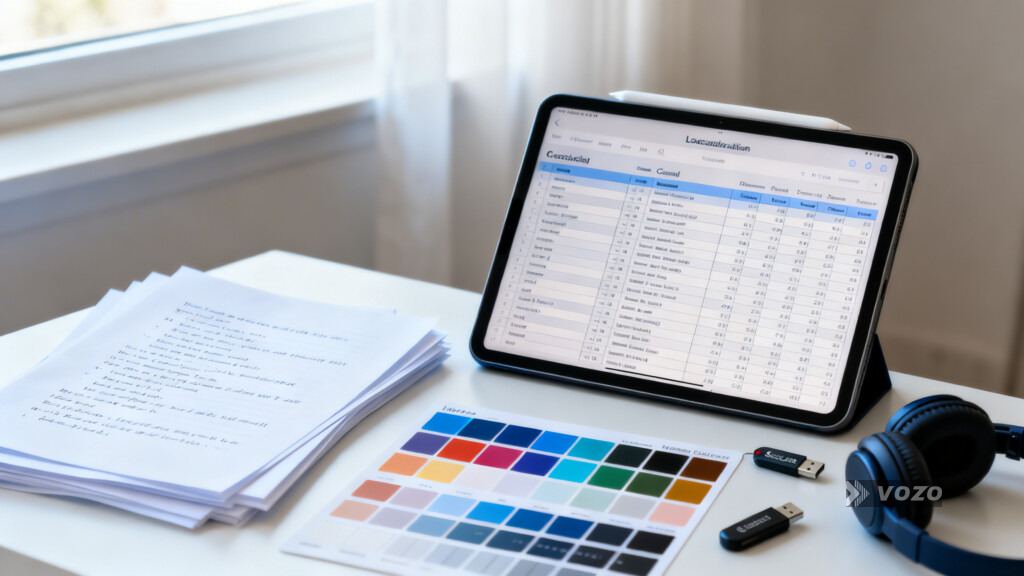 Desk setup with script, glossary, and review tools for subtitles