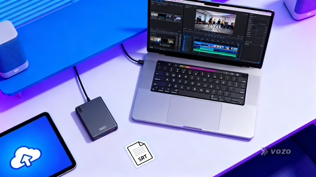 Editing desk with export workflow and backup drive