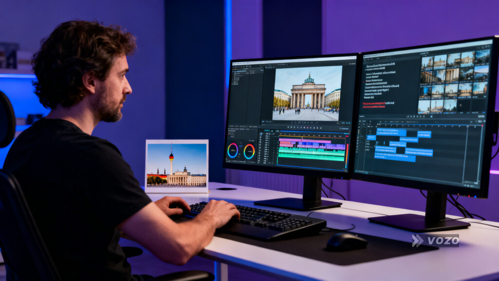 Filmmaker editing a documentary with subtitle tracks