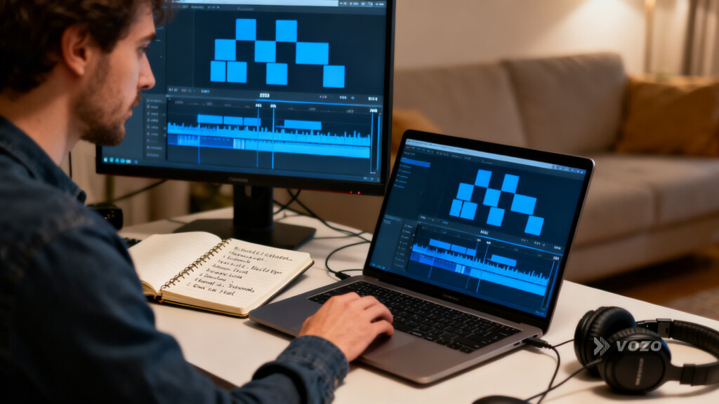 Freelance subtitler working in a home editing setup