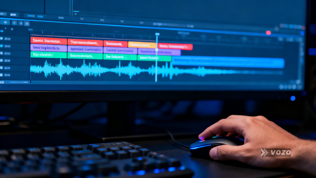Hand adjusting subtitle timing against an audio waveform