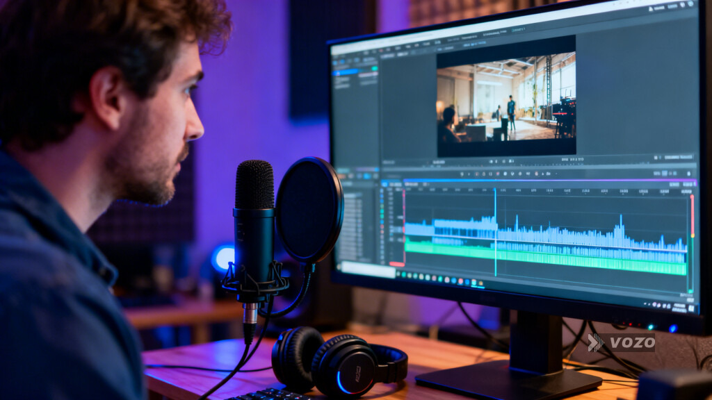 Indie filmmaker editing audio with AI-assisted post setup