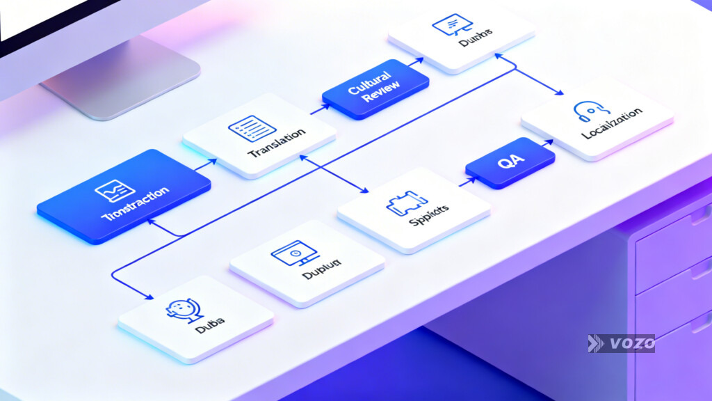 Isometric diagram of end-to-end video localization workflow