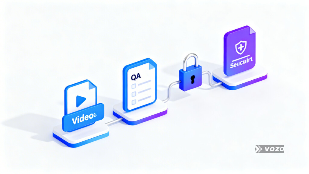 Isometric workflow showing subtitle translation, QA, and secure delivery