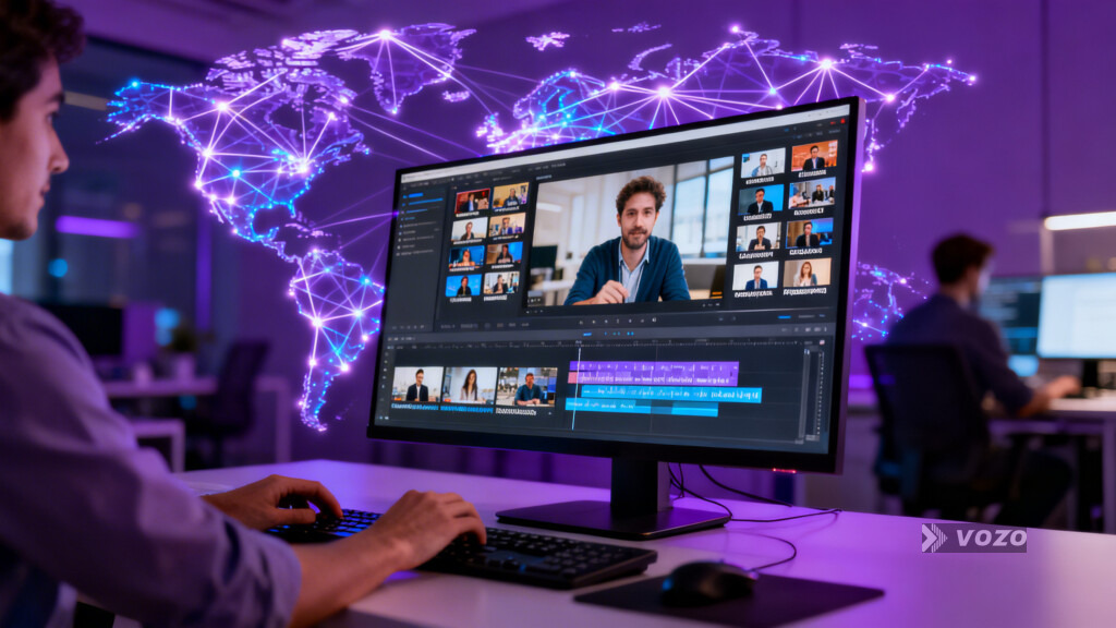 Marketer localizing videos with a glowing global network map