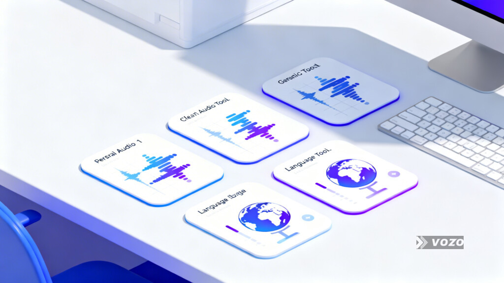 Six AI voice tool cards arranged for comparison