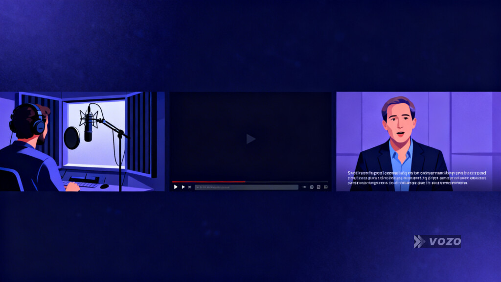 Triptych showing dubbing, subtitling, and voice-over methods