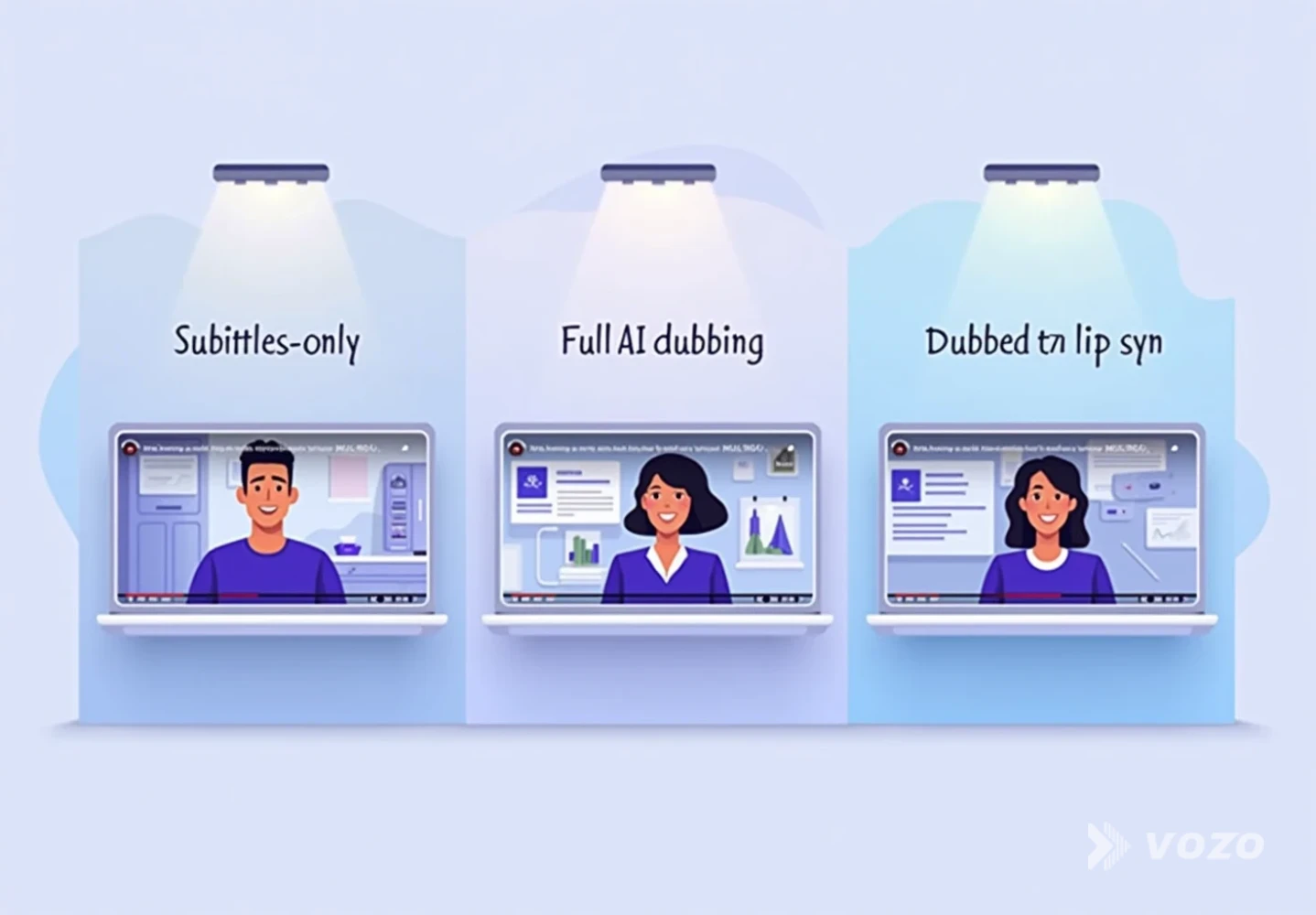 Comparison of subtitles, dubbing, and dubbing with lip sync