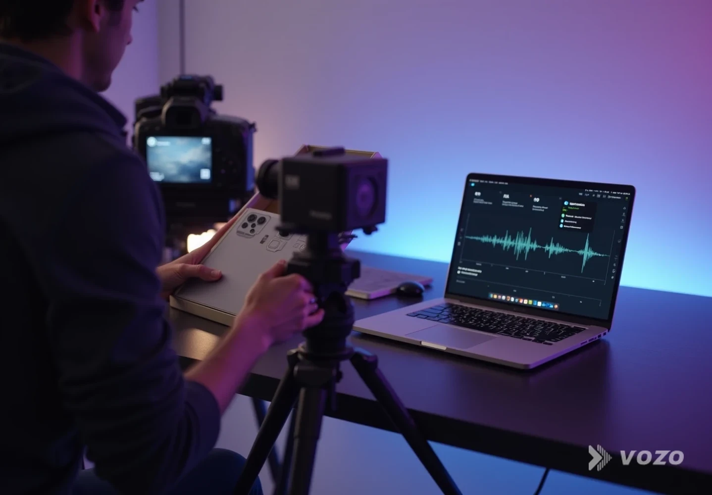 Creator filming an unboxing with translation interface on laptop