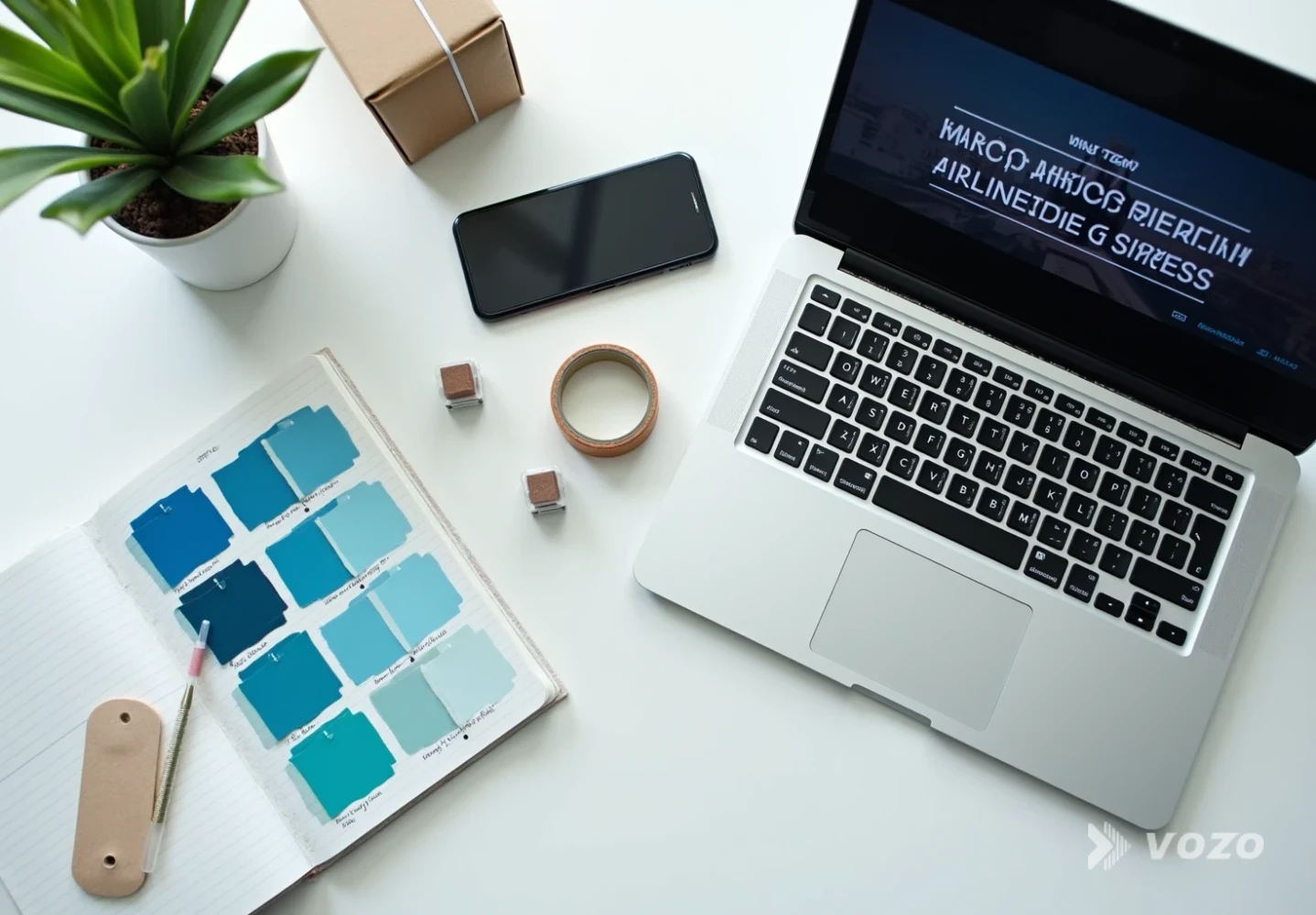 Desk with video timeline and handmade packaging materials