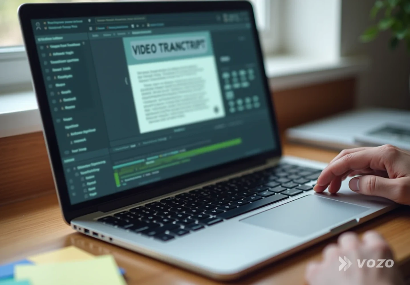 Hand editing a video transcript beside a product box
