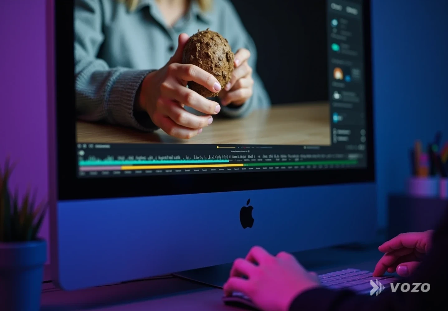 Hands adjusting subtitle and audio tracks during video localization