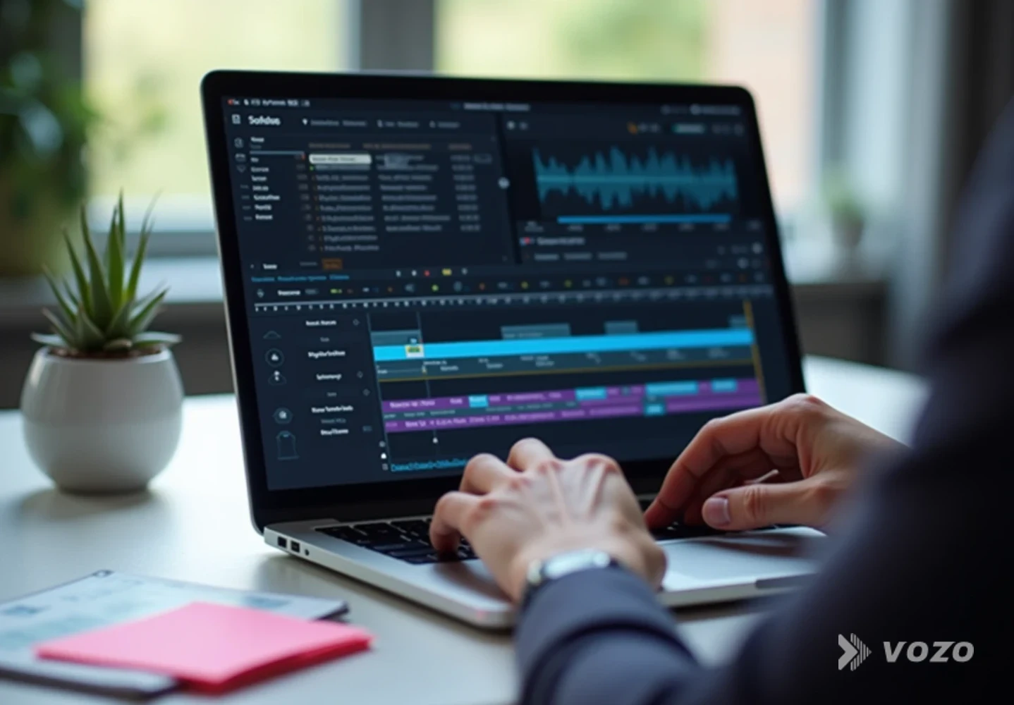 Hands editing subtitles and timing in a video editor