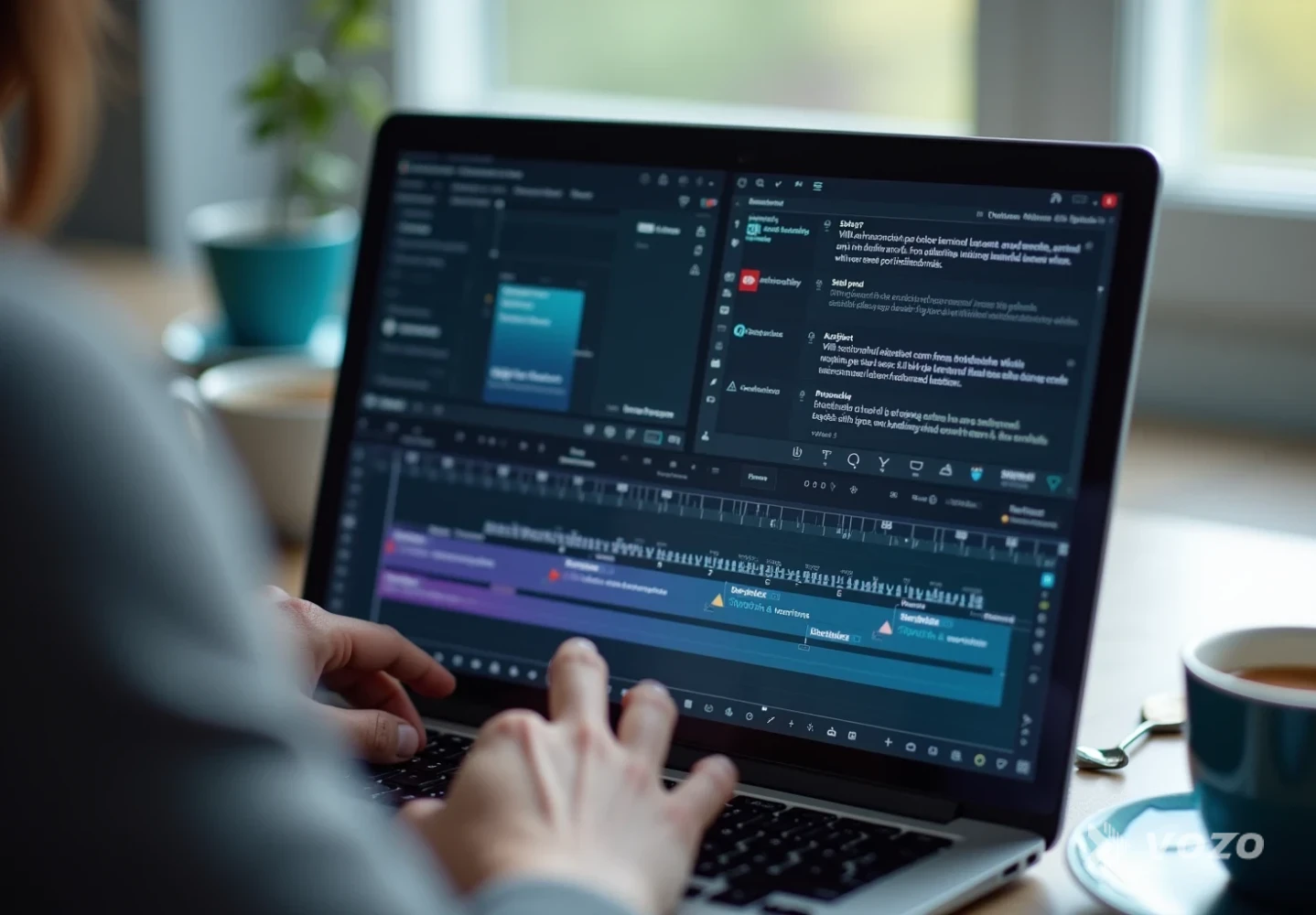 Hands proofreading translated subtitles and dubbing timeline