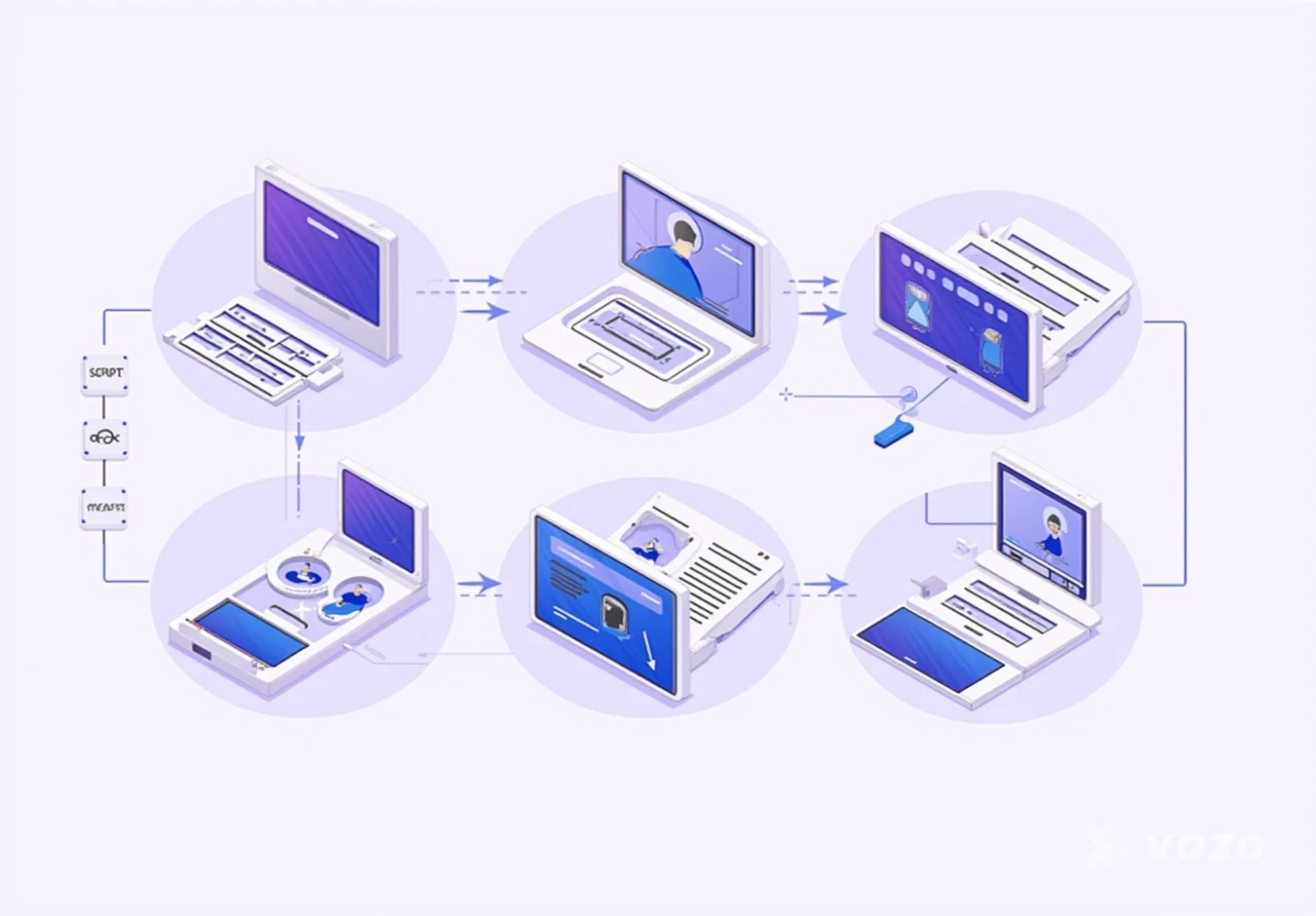 Illustrated workflow icons for unboxing video localization steps