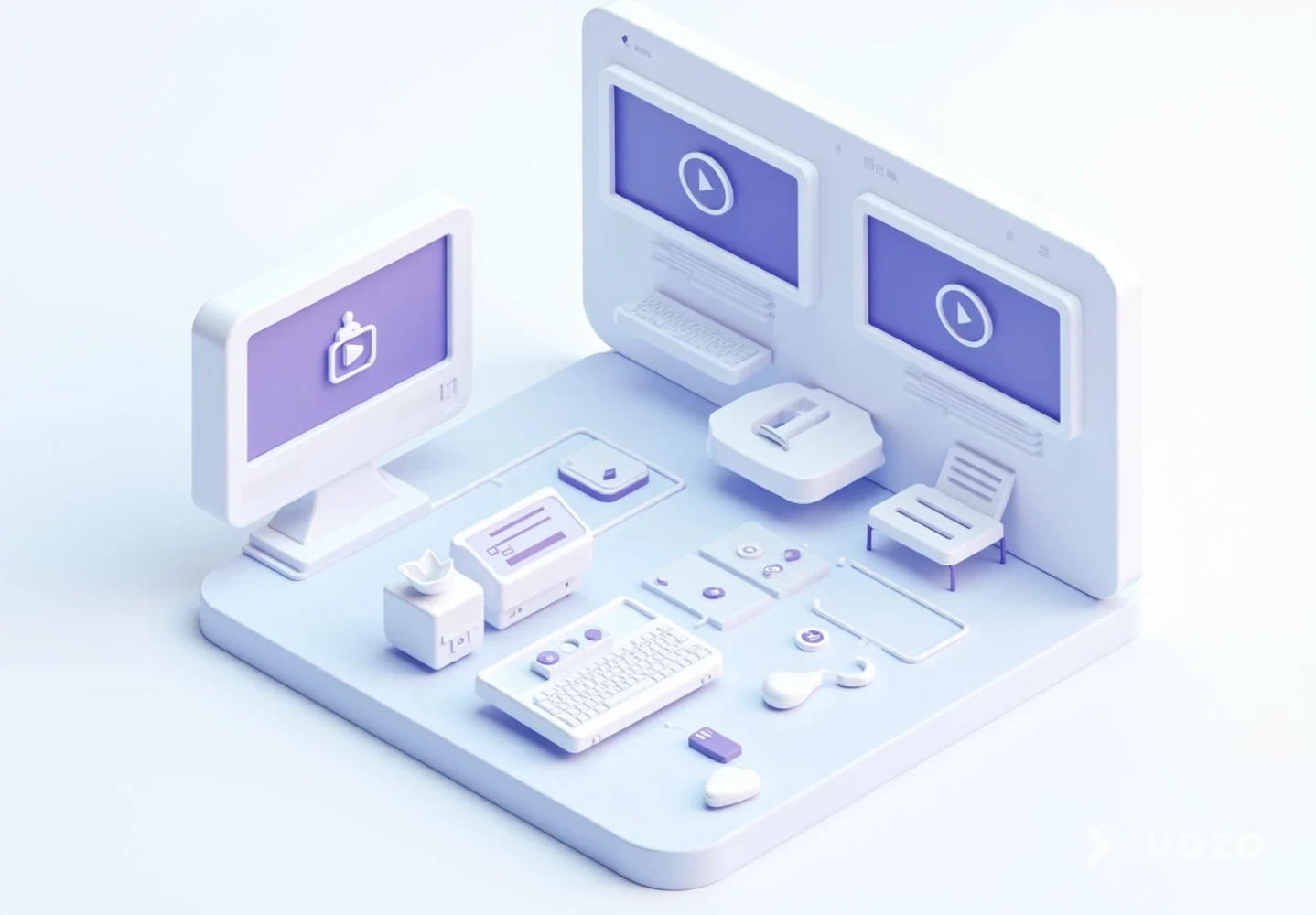 Isometric workflow showing subtitles, dubbing, and lip sync steps