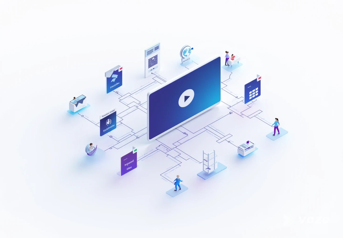 Isometric workflow showing video localization outputs