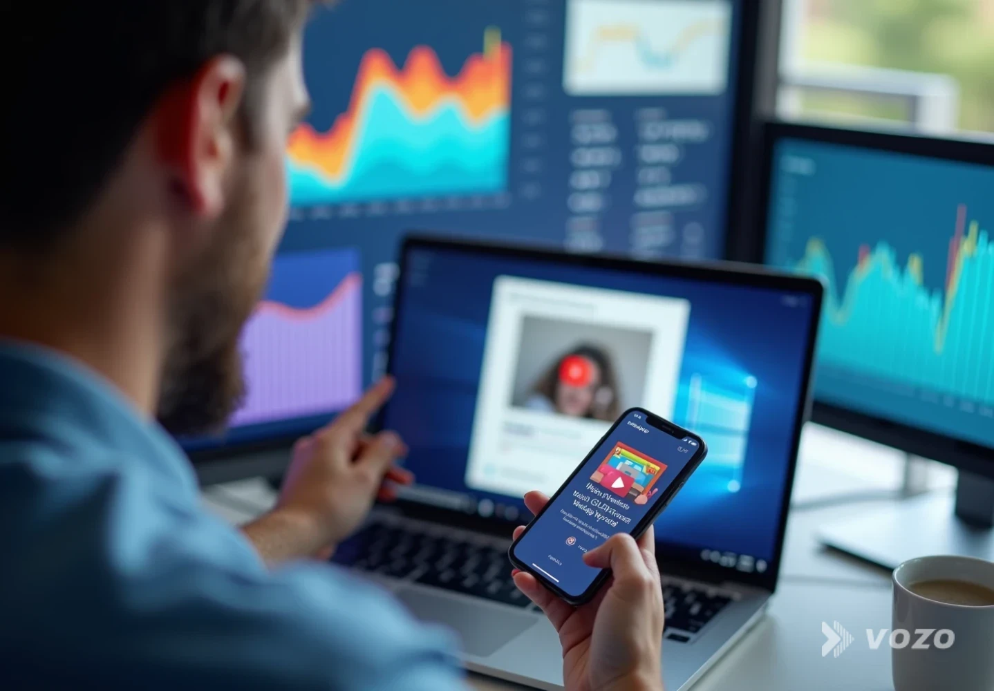 Marketer QA reviewing localized product video on phone and laptop