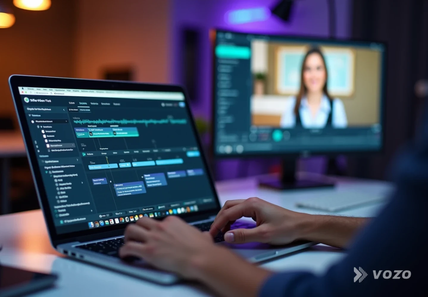 Marketer editing dubbed product demo with subtitle editor