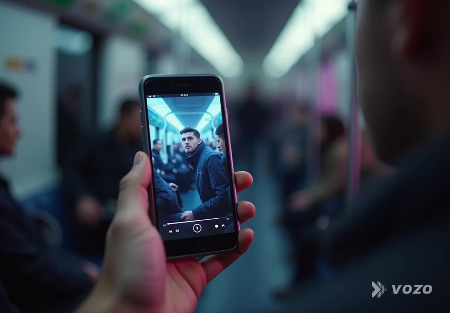 Phone playing muted product video with subtitles on commute