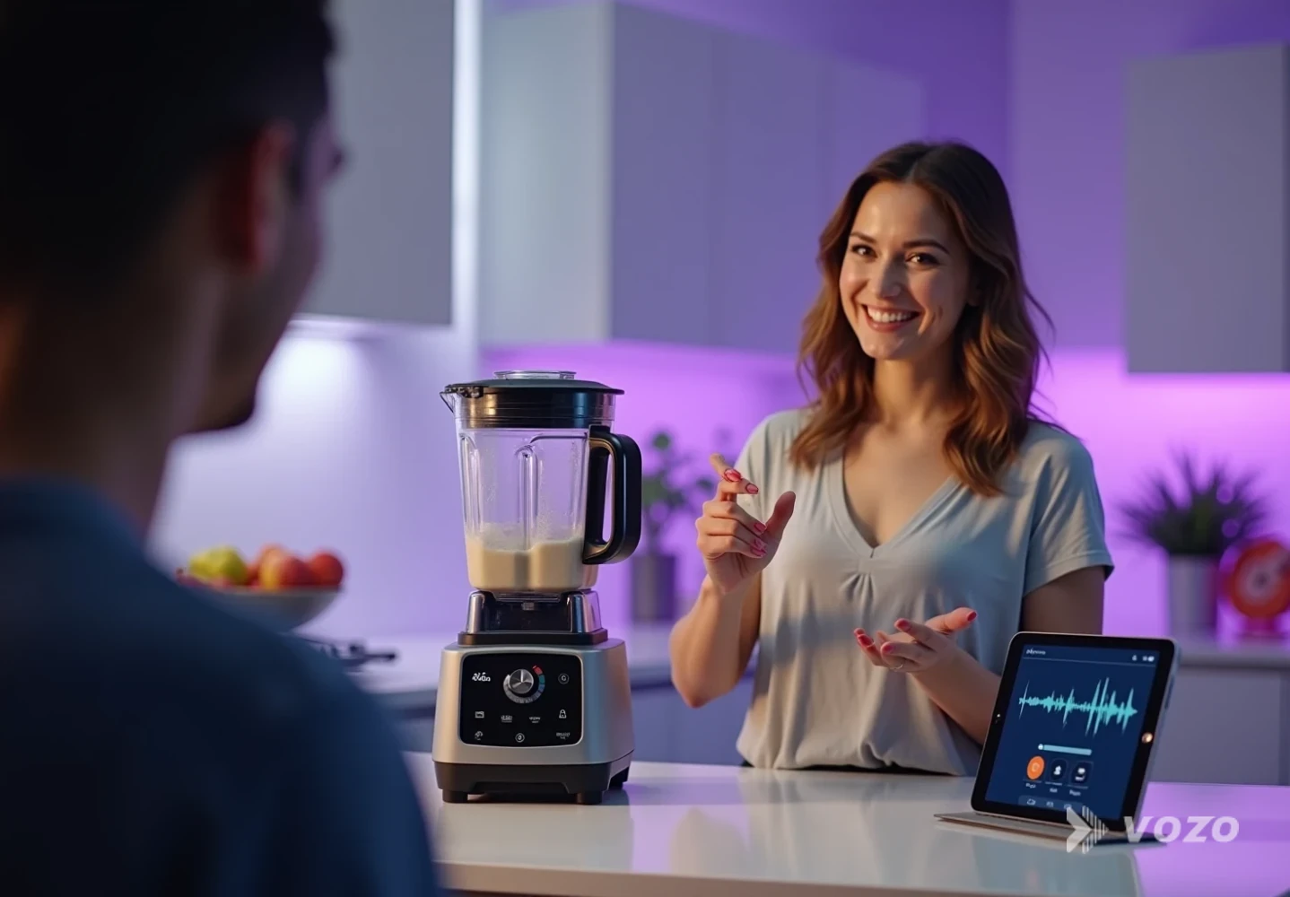 Presenter demoing a blender while AI dubbing is generated