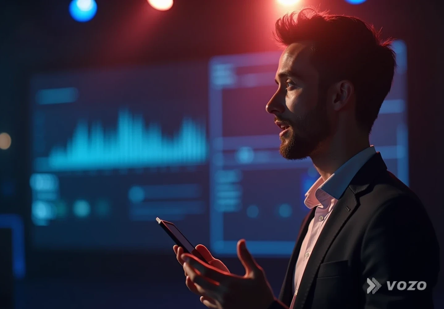 Presenter holding gadget while dubbed audio syncs to lips