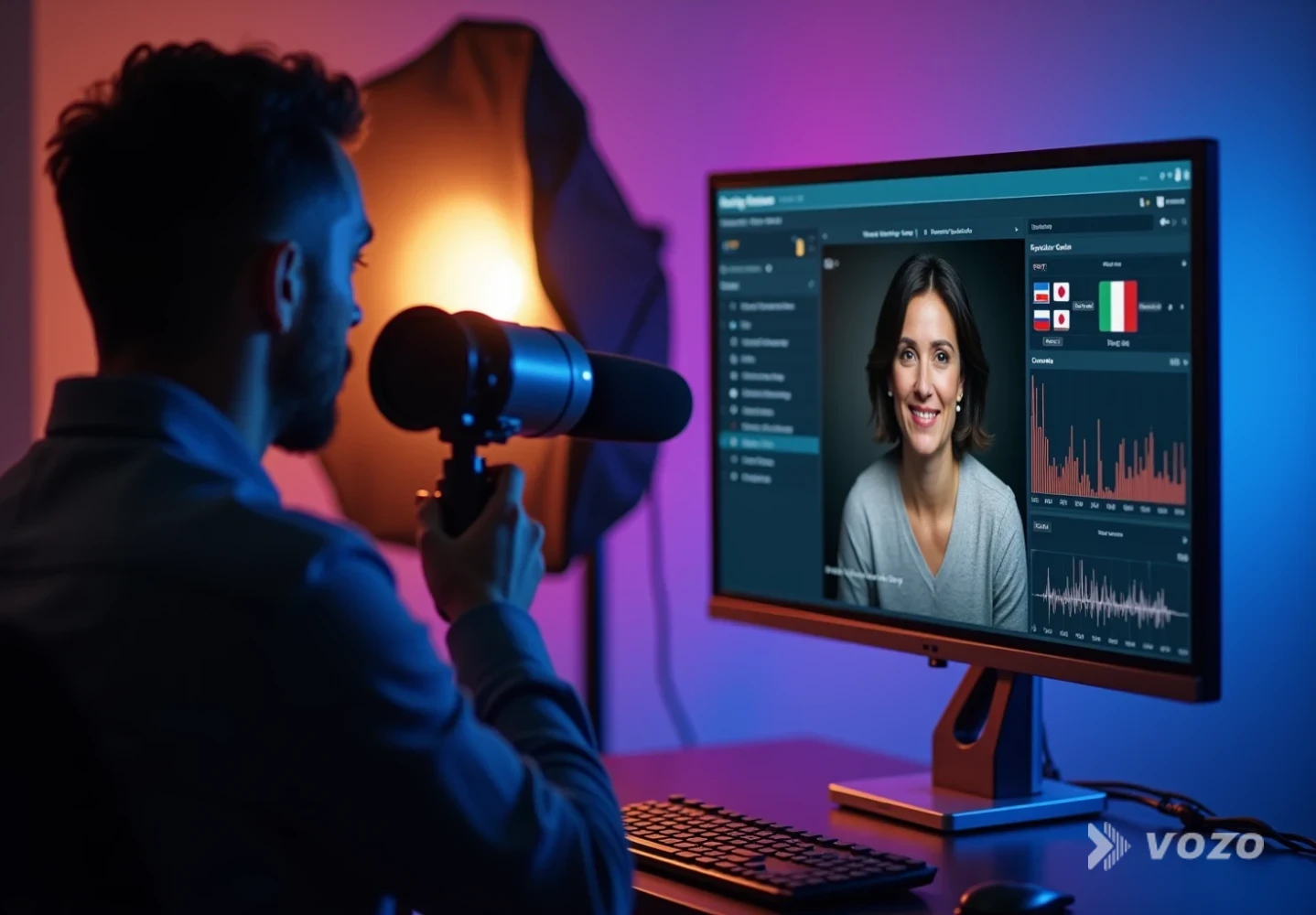 Presenter recording while AI dubbing dashboard runs