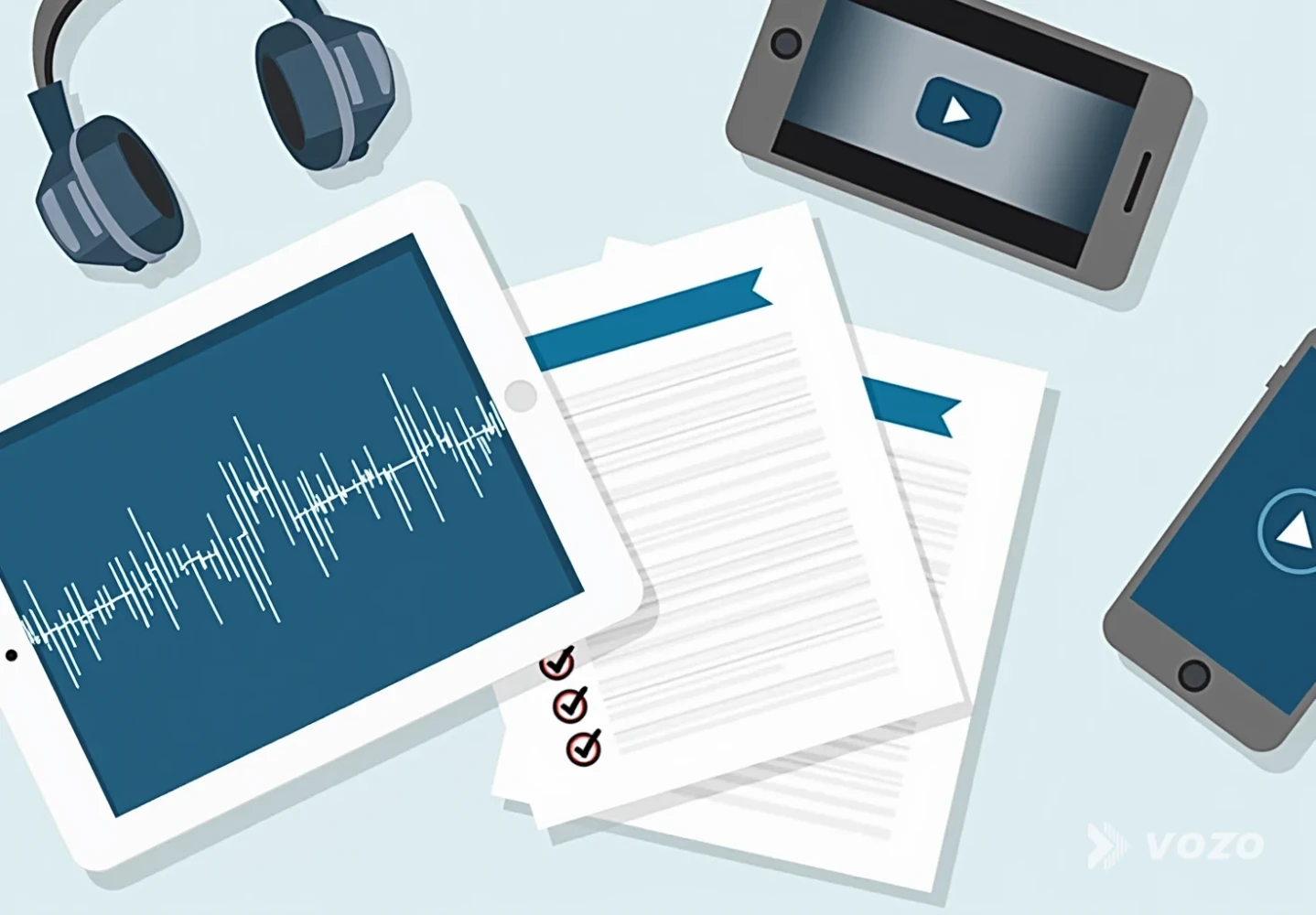 QA desk with headphones and review materials for localized video