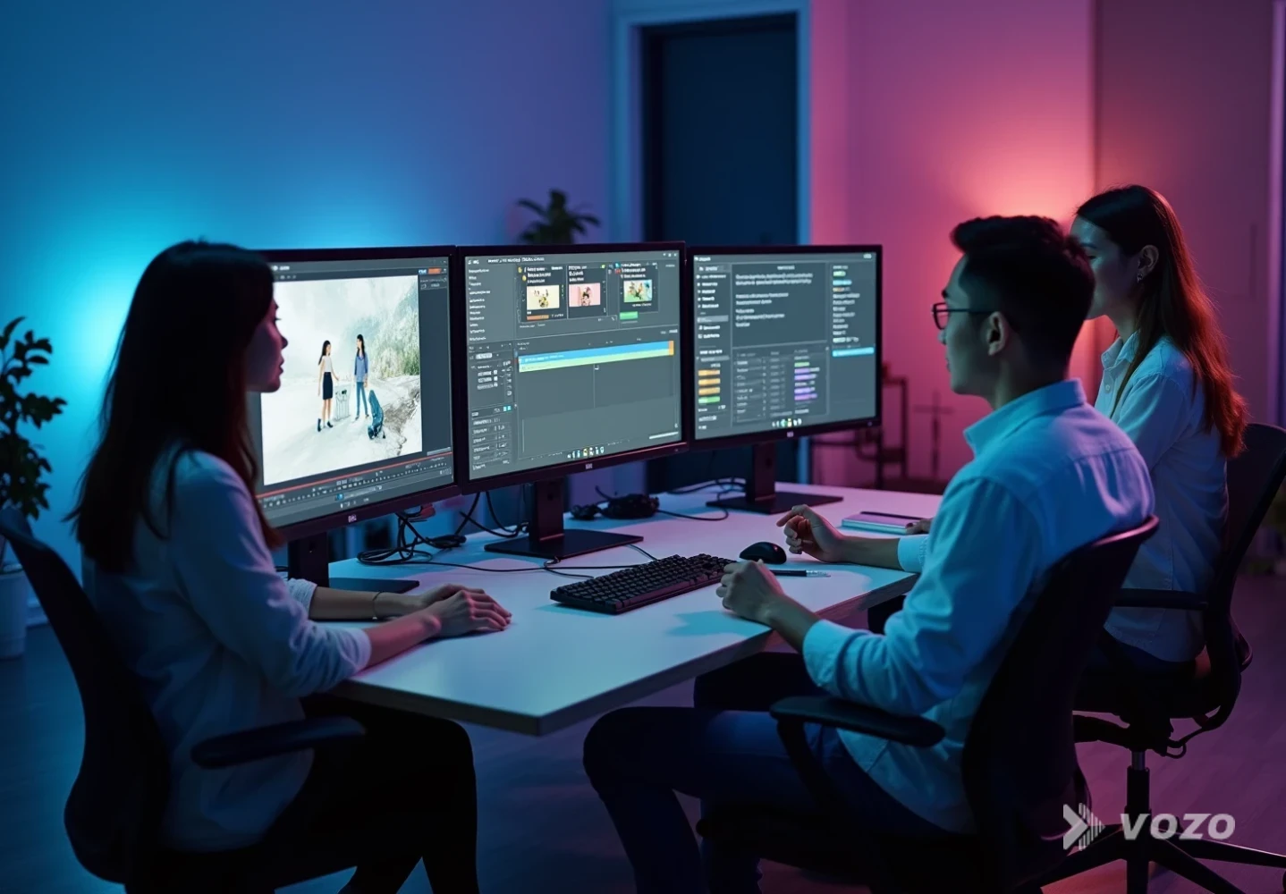 Team localizing a product demo video on screens