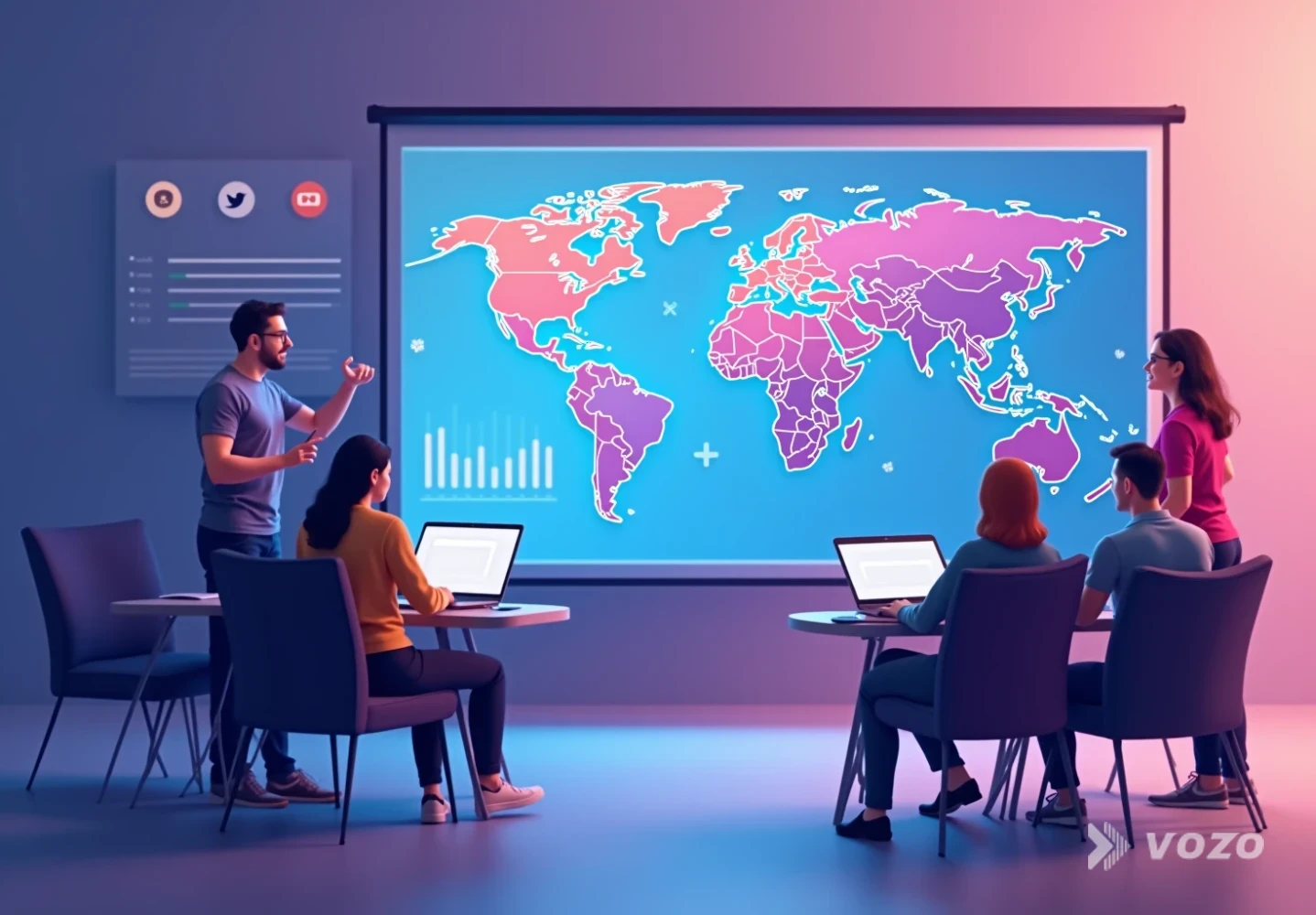 Team reviewing multilingual e-commerce video performance dashboard