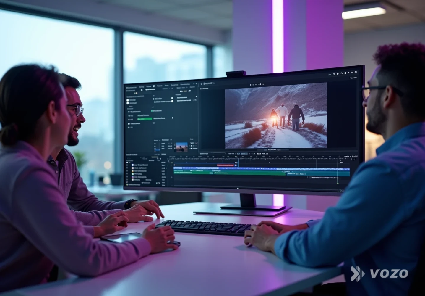 Team reviewing multilingual product video edits on a monitor