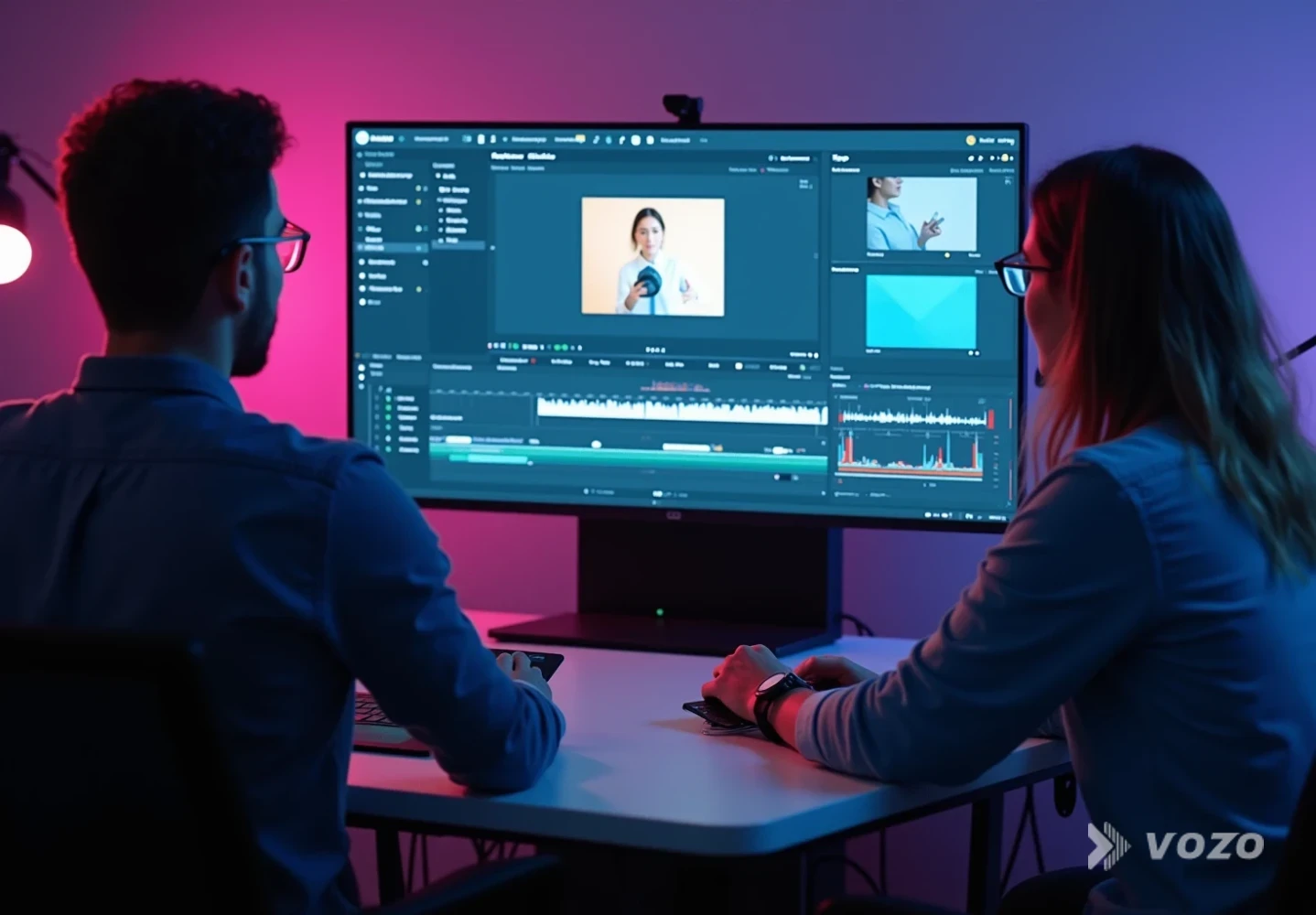 Team reviewing multilingual product video in editing suite