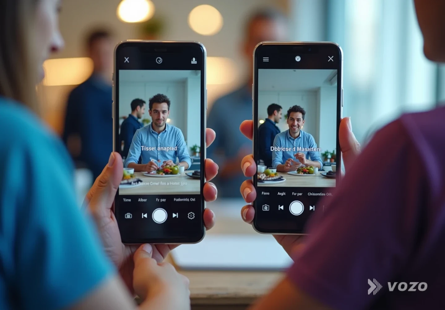 Two phones showing subtitled and dubbed versions of a product video