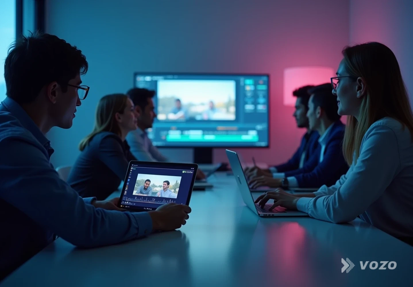 Global team reviewing localized training video together