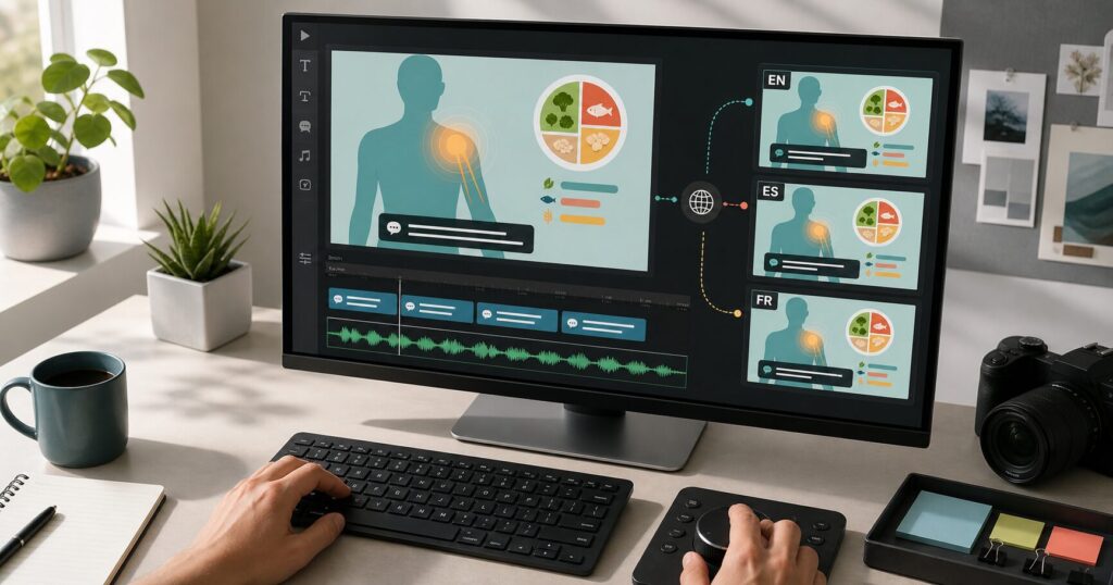 Multilingual patient education video with translated subtitles, chart labels, and body-area annotations