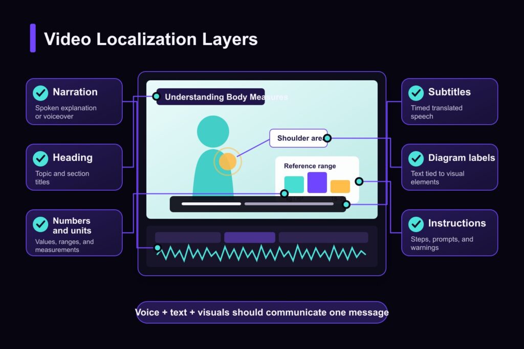 Voice, subtitle, diagram, and label layers in a patient education video