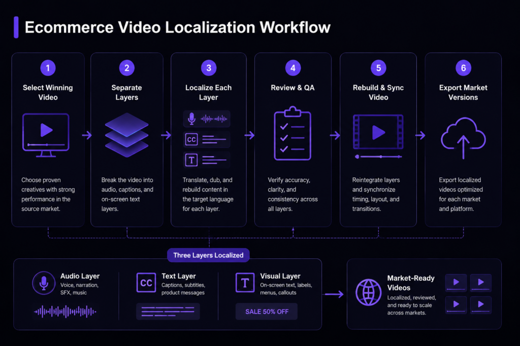 Ecommerce video localization workflow showing how brands adapt winning video ads through layer separation, localization, quality review, and market-ready exports
